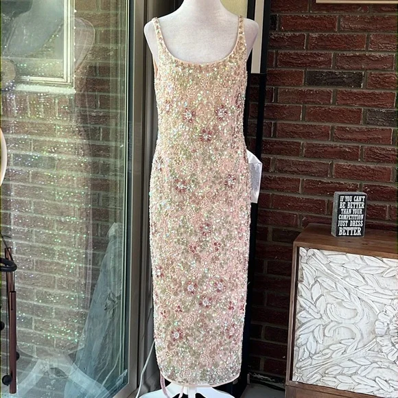 sleeveless hand beaded floral midi dress Pink Sleeveless Hand Beaded Floral Midi Dress main image 0